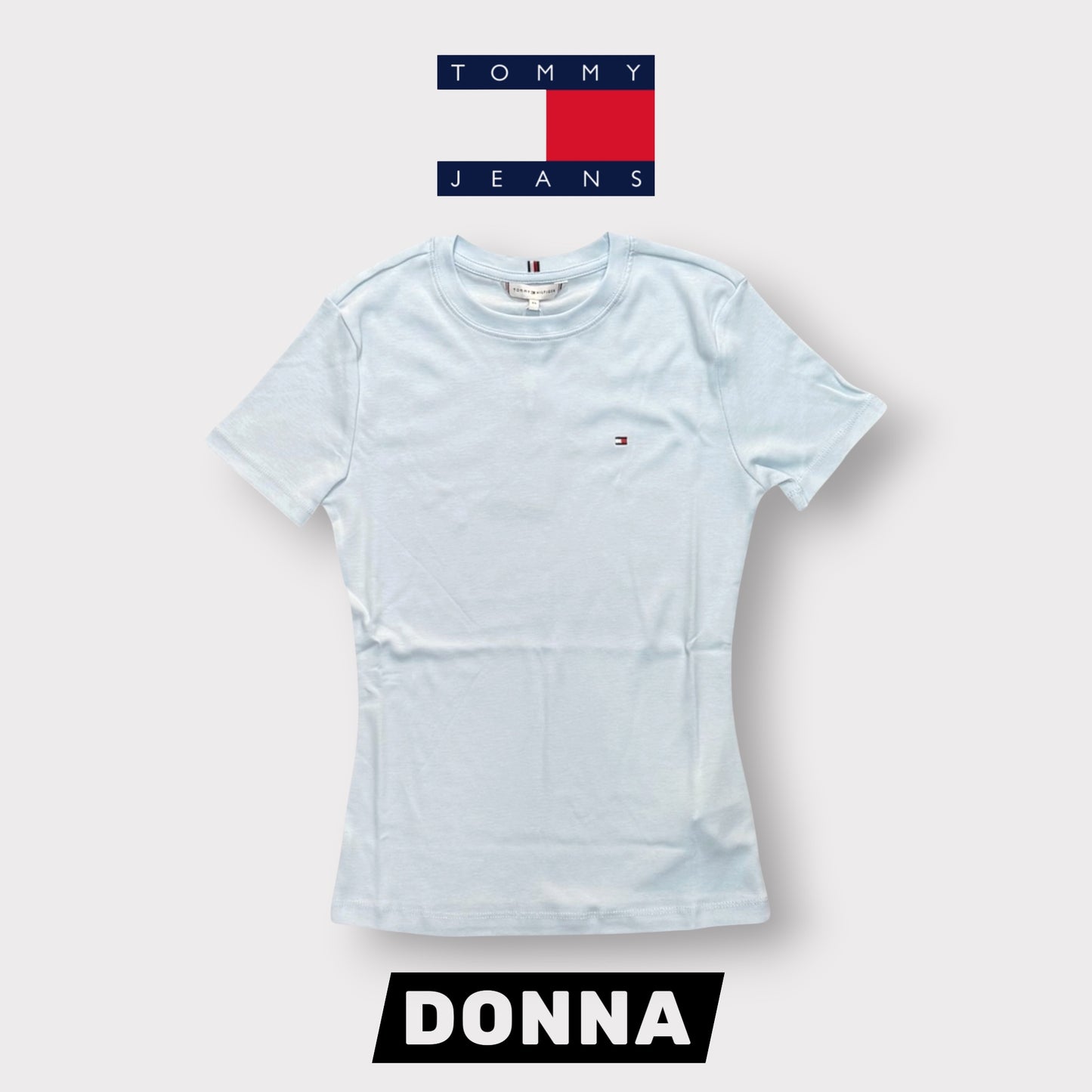 TOMMY HILFIGER- T-shirt Donna, con logo ricamato lato cuore, Slim Fit, col.Azzurro