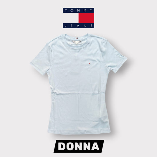 TOMMY HILFIGER- T-shirt Donna, con logo ricamato lato cuore, Slim Fit, col.Azzurro