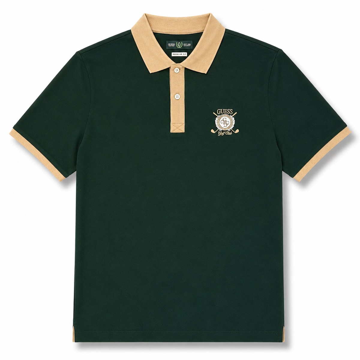 GUESS- Polo Uomo, Regular Fit, con logo lato cuore stampato e colletto beige, Col.Verde