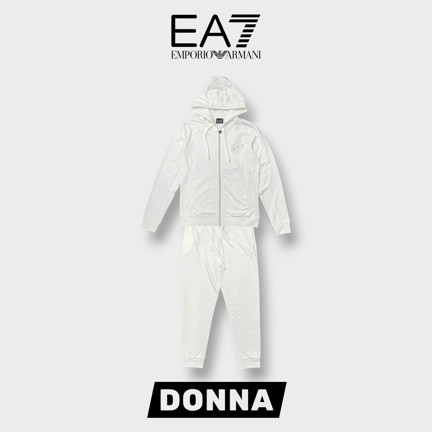 EA7 EMPORIO ARMANI- Tuta completa Donna con cappuccio con zip, con logo brillantinato lato cuore, primaverile, col.Bianco