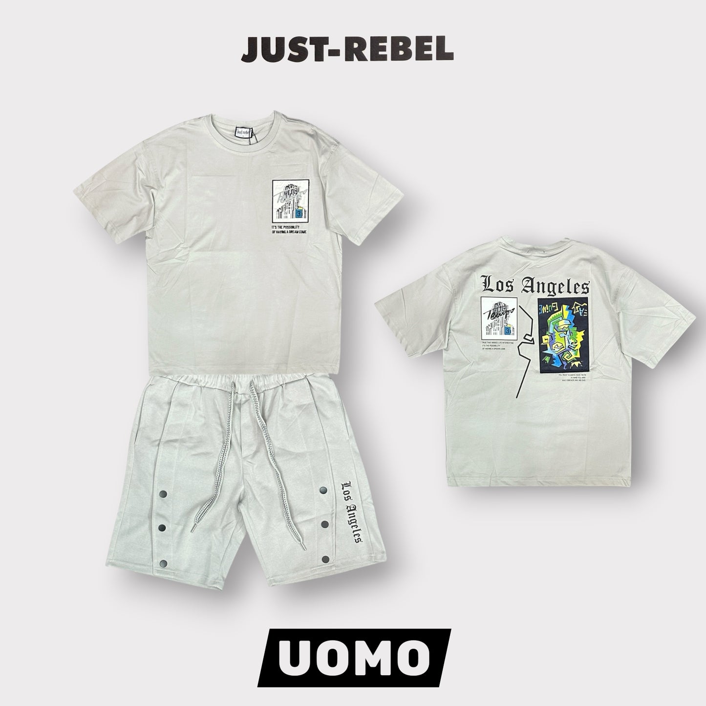 JUST REBEL - Completino estivo Uomo con stampa schienale, Col.Ice Grey