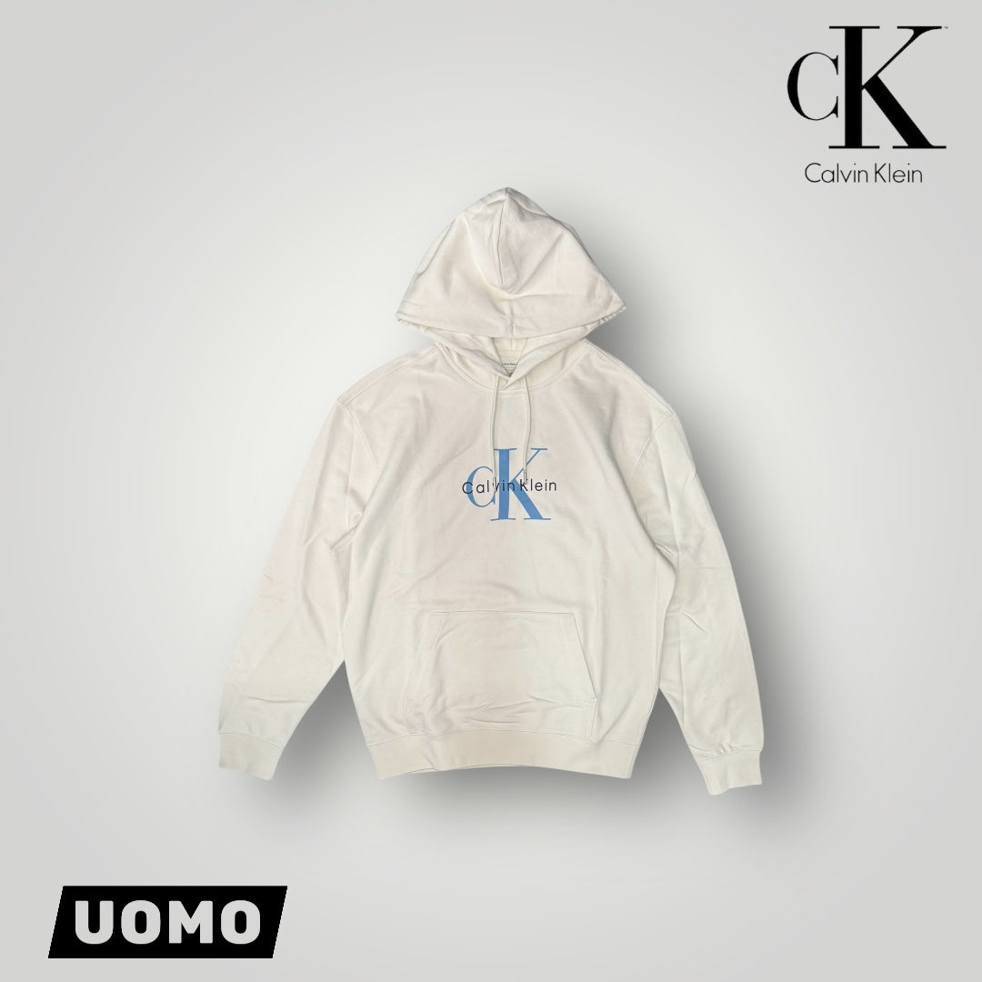 Felpa CALVIN KLEIN Uomo con logo stampato, con cappuccio, tex. garzato, col.Panna