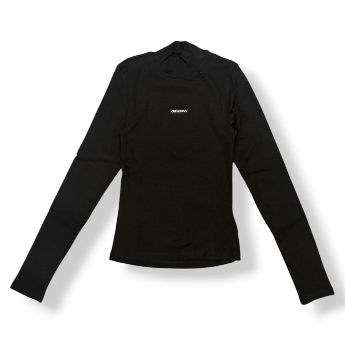 GUESS JEANS- T-shirt Donna, manica lunga e colletto, a costine, con targhetta frontale piccola, Col.Nero