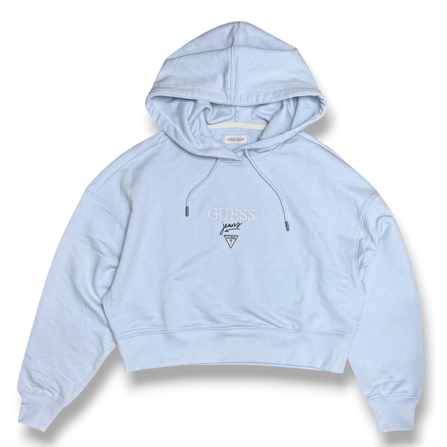 GUESS-Felpa estiva Donna, con cappuccio e ricamo frontale, tex.cotone garzato, Col.Azzurro