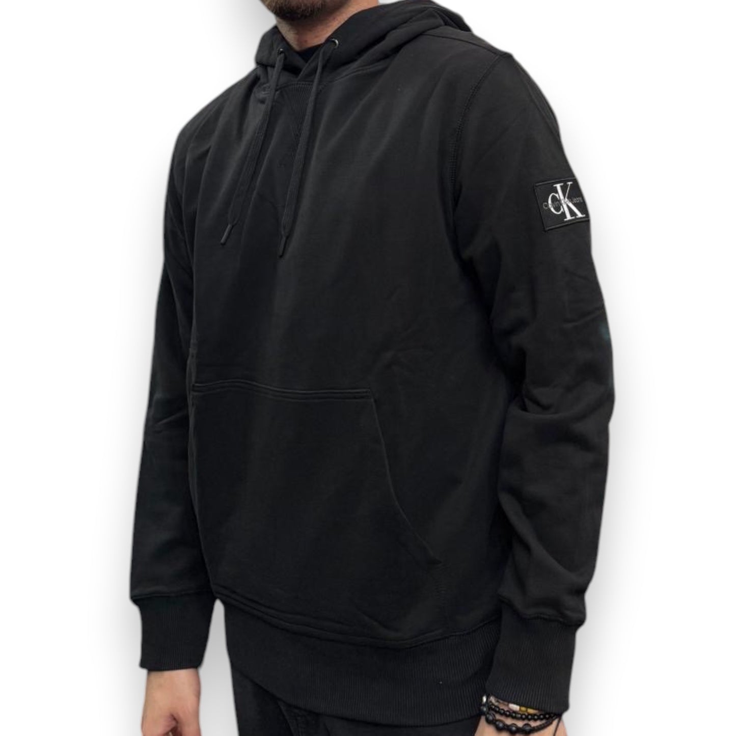 CALVIN KLEIN- Felpa RegularFit estiva Uomo, con cappuccio, con logo sul braccio, tex.cotone garzato, Col.Nero