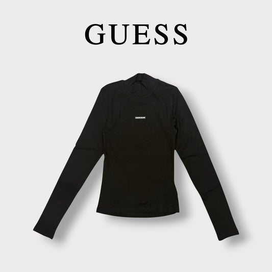 GUESS JEANS- T-shirt Donna, manica lunga e colletto, a costine, con targhetta frontale piccola, Col.Nero