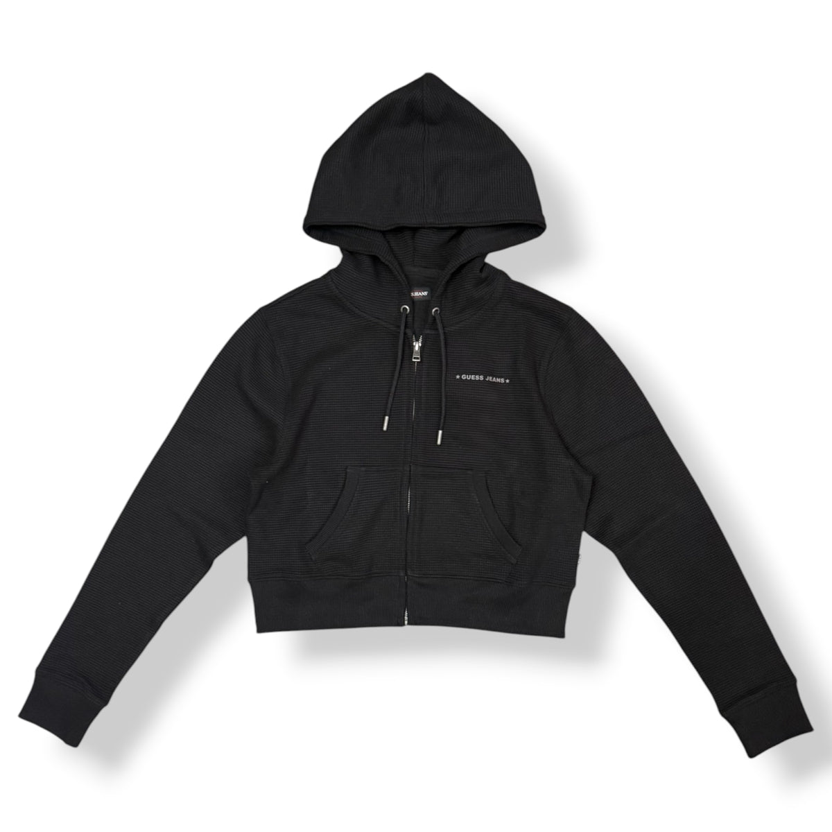 GUESS - Felpa Donna, con cappuccio e zip, con stampa schienale, Col.Nero