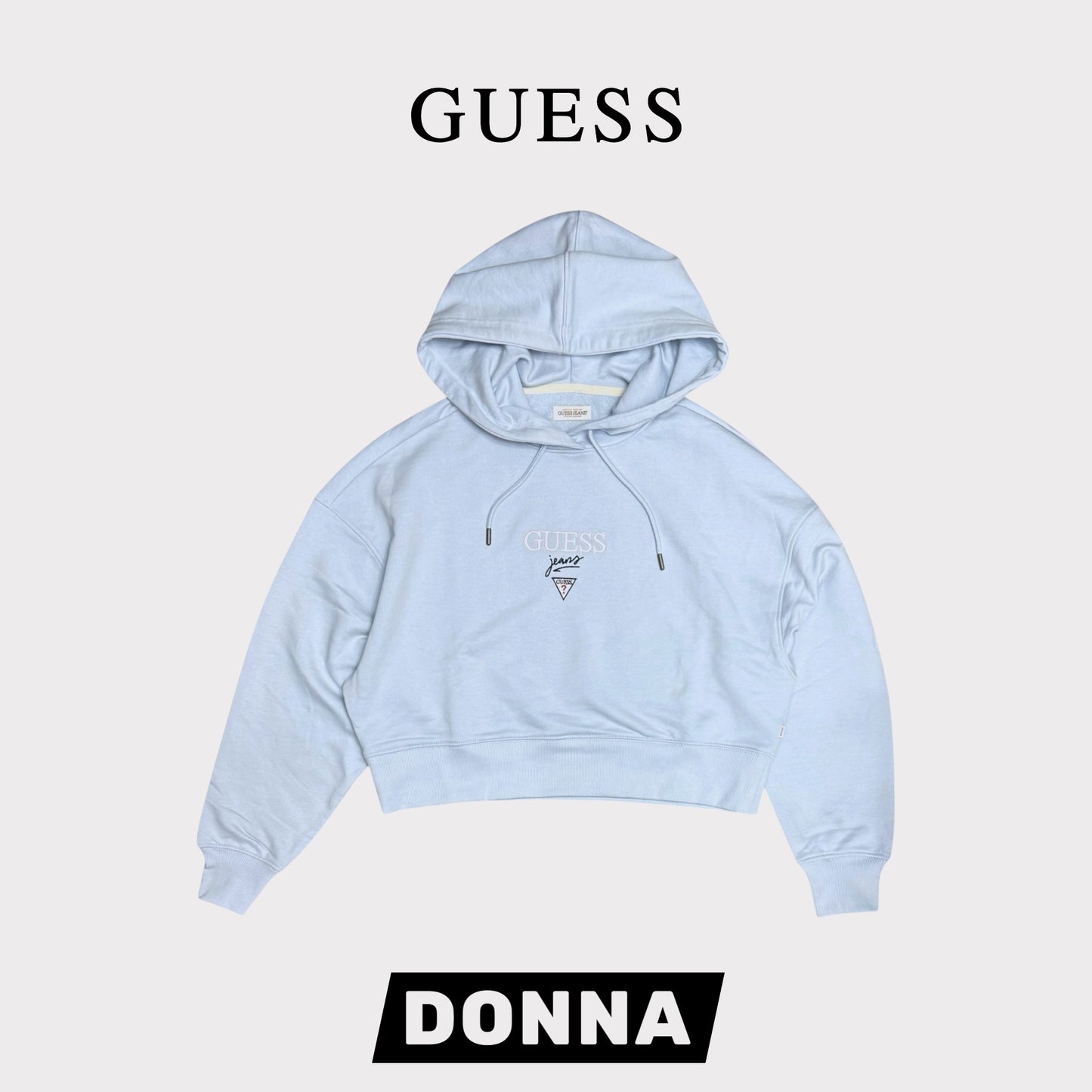 GUESS-Felpa estiva Donna, con cappuccio e ricamo frontale, tex.cotone garzato, Col.Azzurro