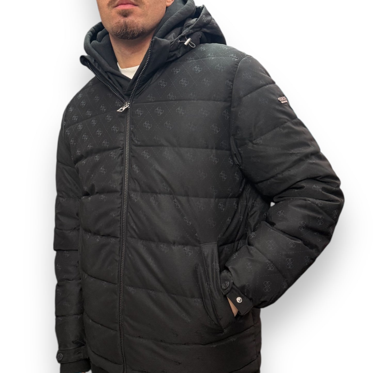 Giubbotto GUESS Uomo con cappuccio sganciabile, Pattern lucido, Col.Nero