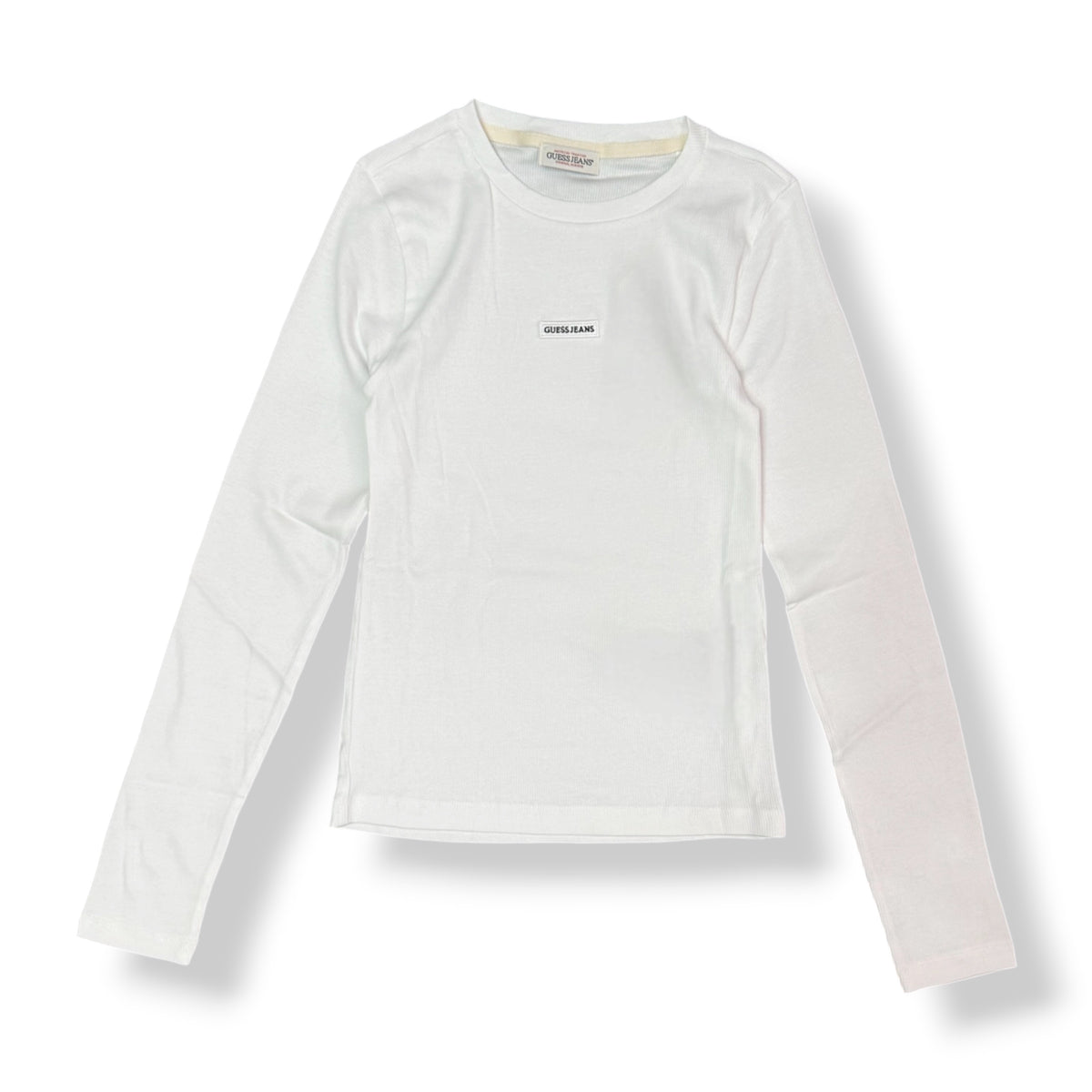 GUESS JEANS- T-shirt Donna, manica lunga, tex.costine, con targhetta frontale piccola, Col.Bianco