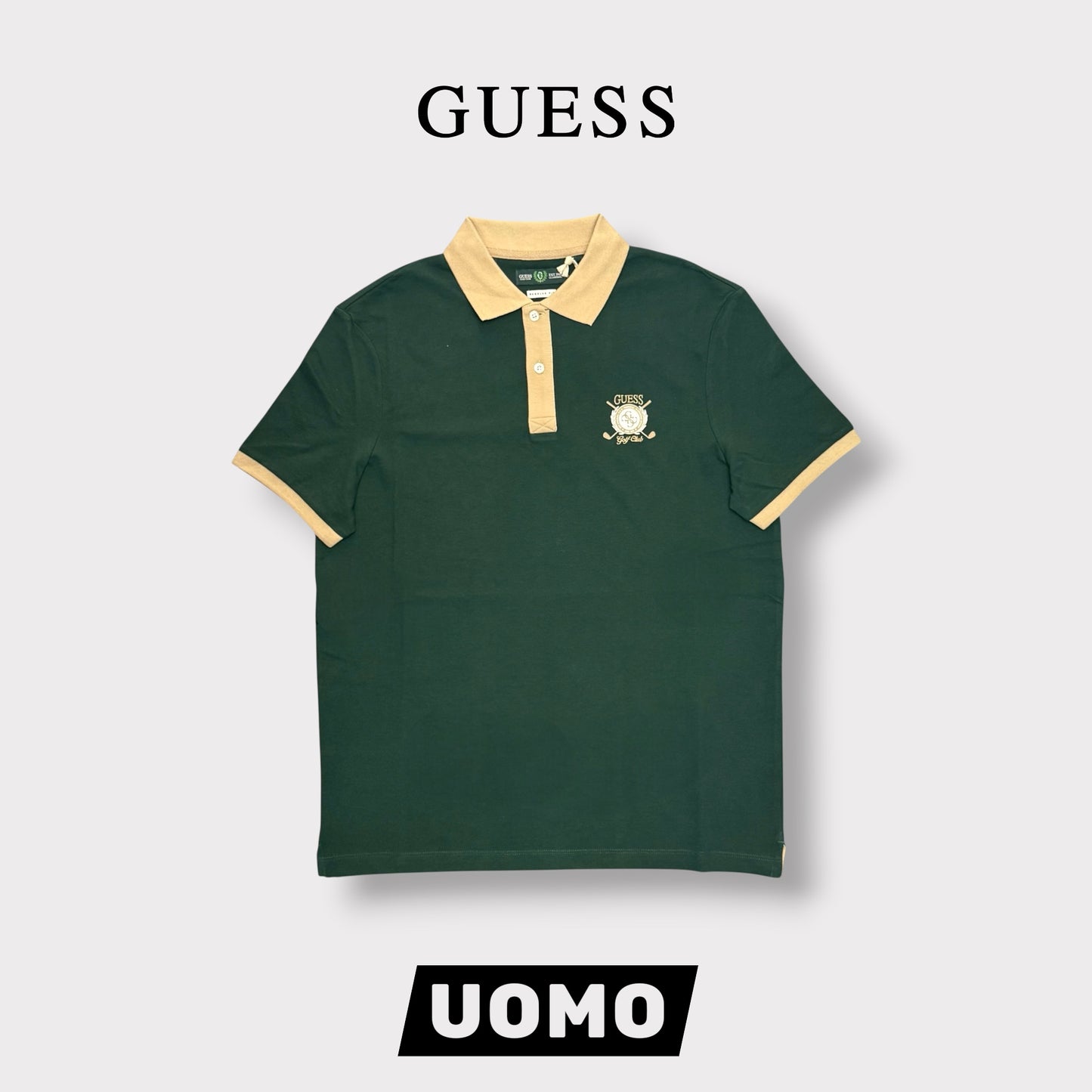 GUESS- Polo Uomo, Regular Fit, con logo lato cuore stampato e colletto beige, Col.Verde