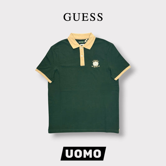 GUESS- Polo Uomo, Regular Fit, con logo lato cuore stampato e colletto beige, Col.Verde