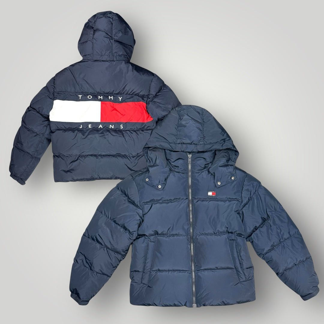 Giubbotto TOMMY HILFIGER Uomo, con cappuccio sganciabile e ricamo dietro alla schiena, (veste grande si consiglia una tg. In meno), col.Blu