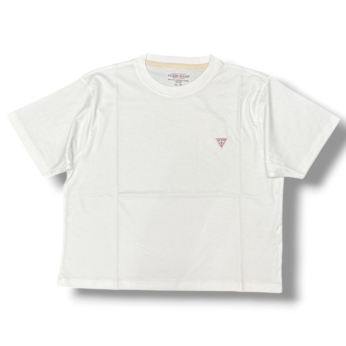 GUESS JEANS- T-shirt Donna, BoxyFit, con logo lato cuore, col.Bianco