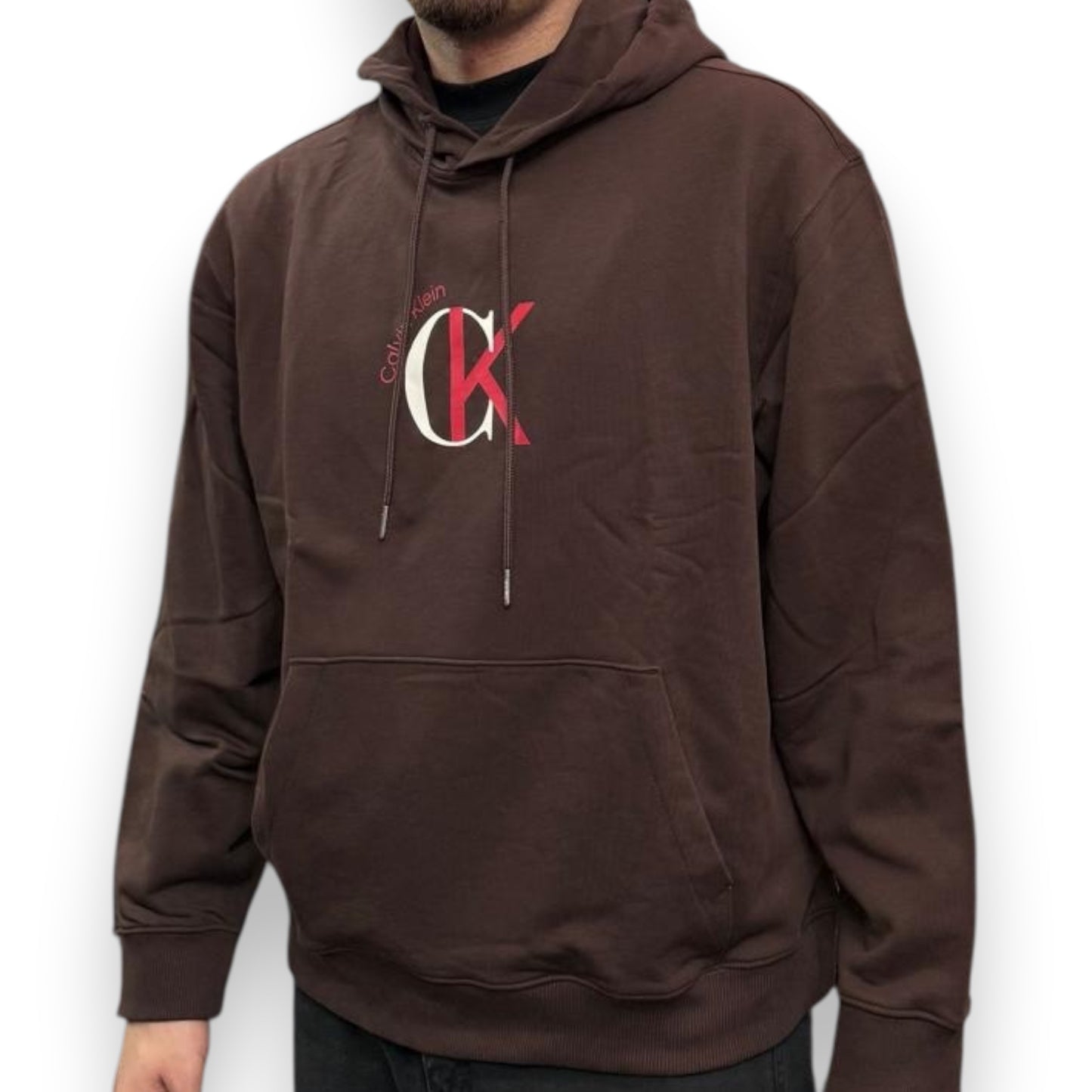 CALVIN KLEIN- Felpa Oversize estiva Uomo, con cappuccio e stampa frontale, tex.cotone garzato, Col.Marrone