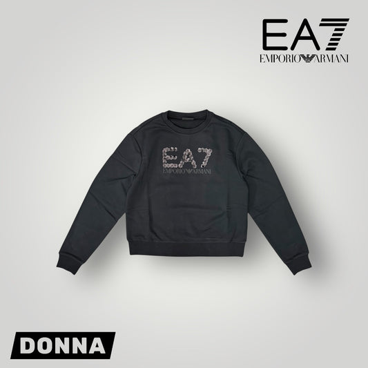 Felpa EMPORIO ARMANI Donna girocollo, tex. garzato, con logo con paillettes, Col.Nero