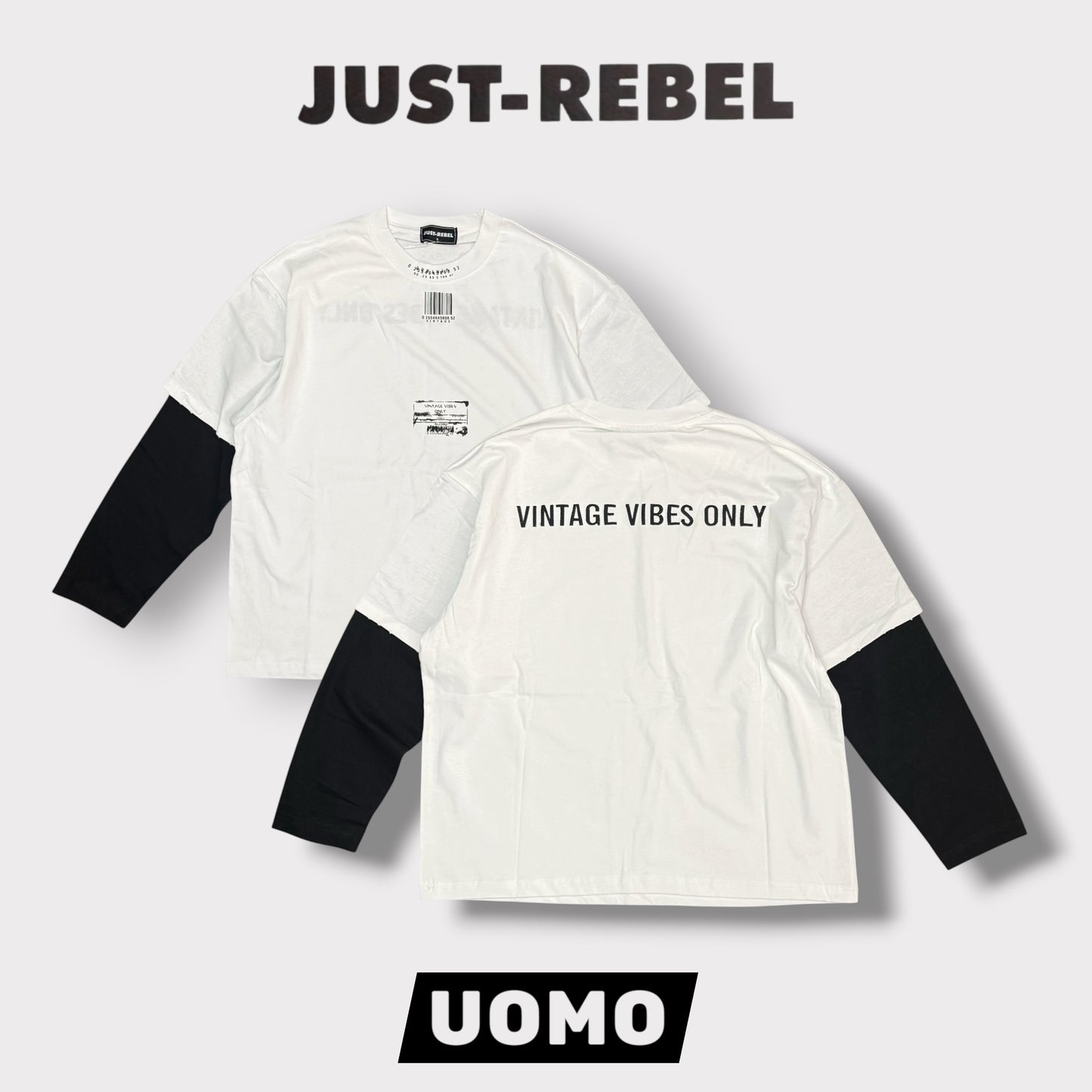 JUST RIBEL - T-Shirt Uomo, (veste comoda), con stampa schienale, Col.Bianco