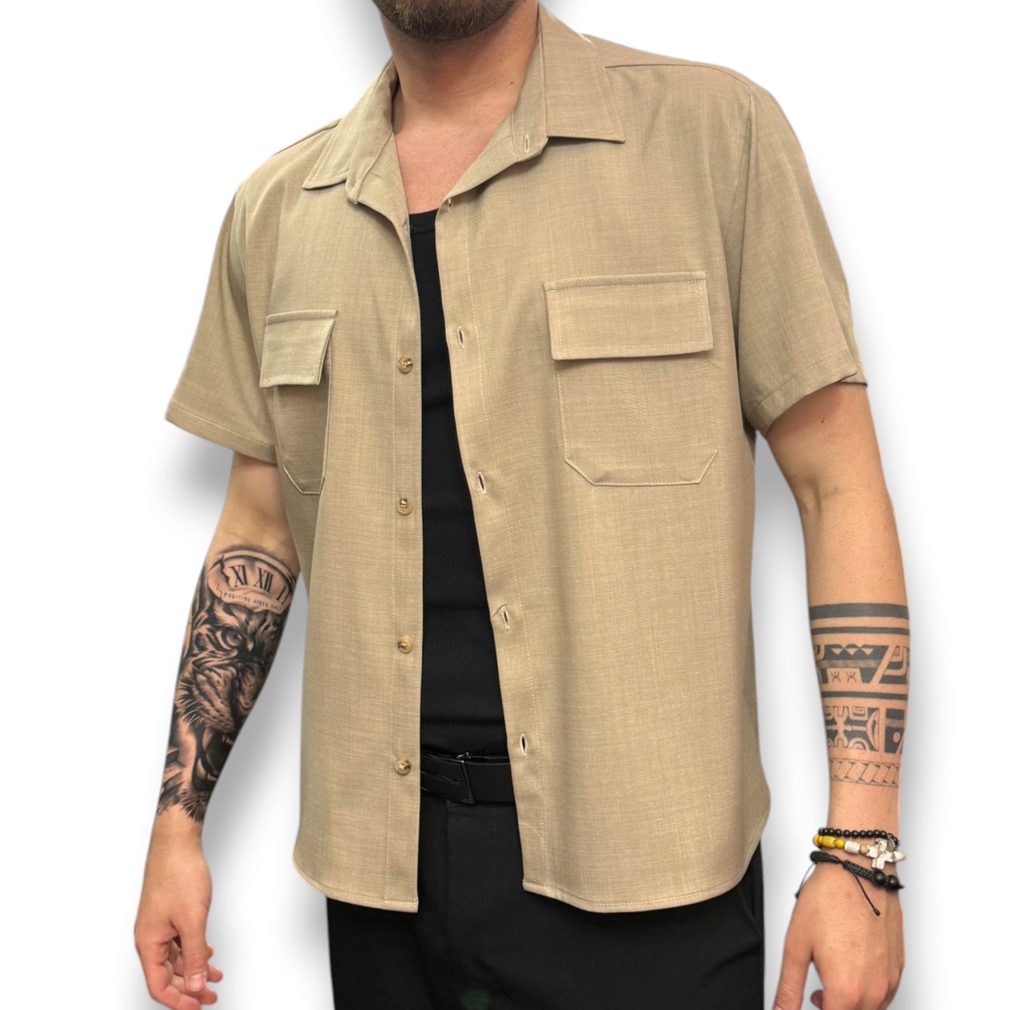 AFTER 91- Camicia Uomo mezza manica, Boxy Fit ,Col.Beige