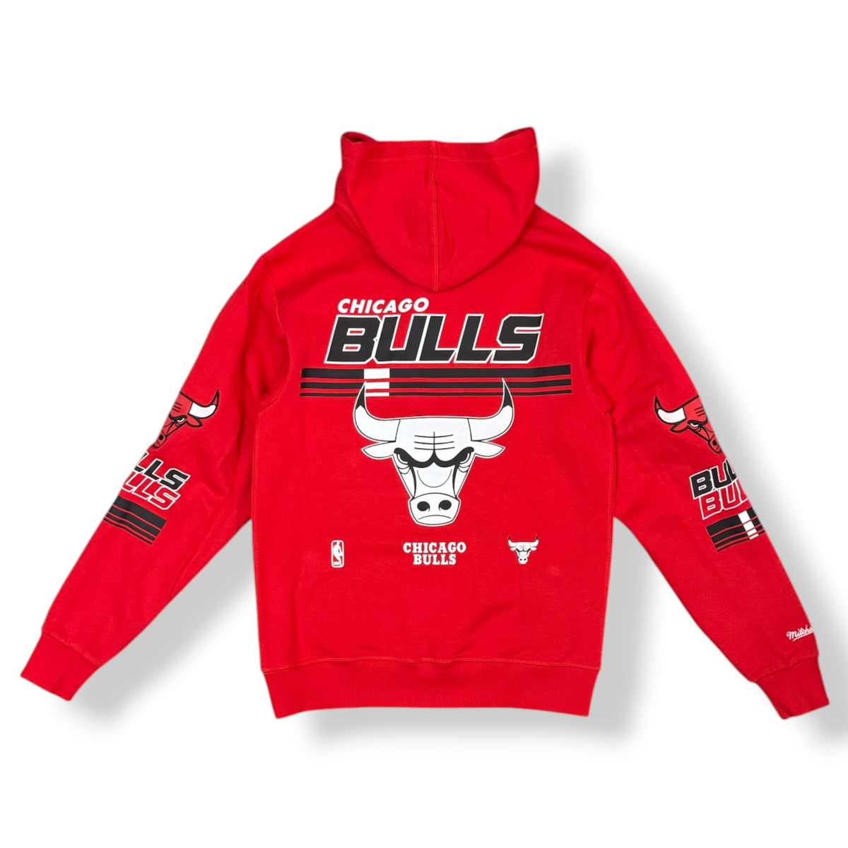 MITCHELL & NESS - Felpa Uomo CHICAGO BULLS con cappuccio e stampa schienale, tex.felpato, Col.Rosso