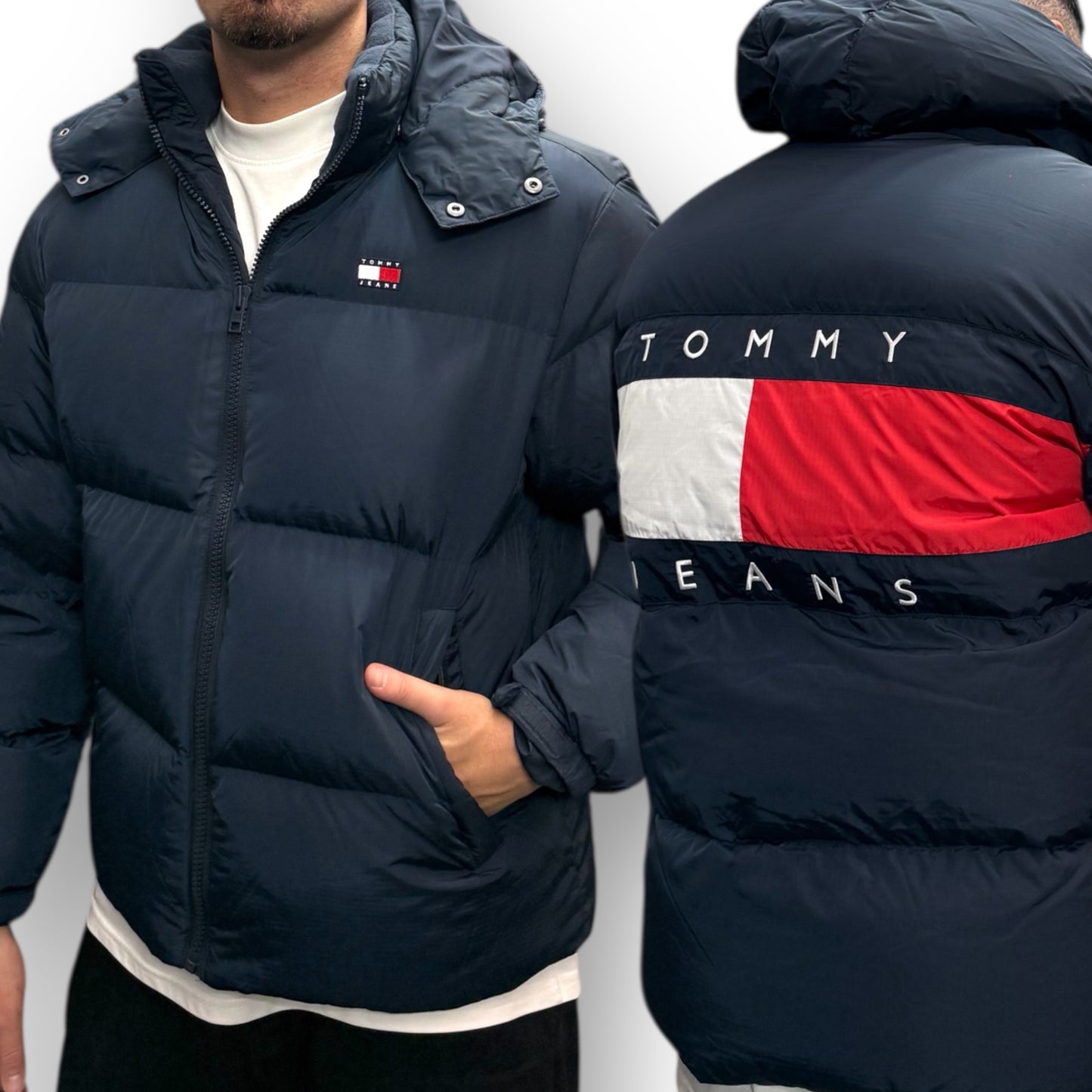 Giubbotto TOMMY HILFIGER Uomo, con cappuccio sganciabile e ricamo dietro alla schiena, (veste grande si consiglia una tg. In meno), col.Blu
