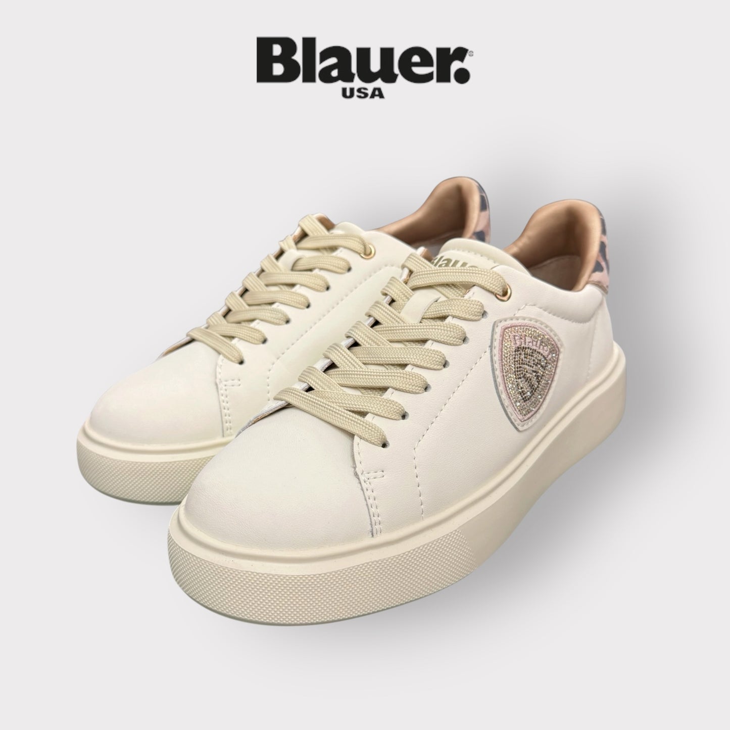 BLAUER - Scarpe Donna, con scudetto Swarovski e dettaglio leopardato, col.Crema
