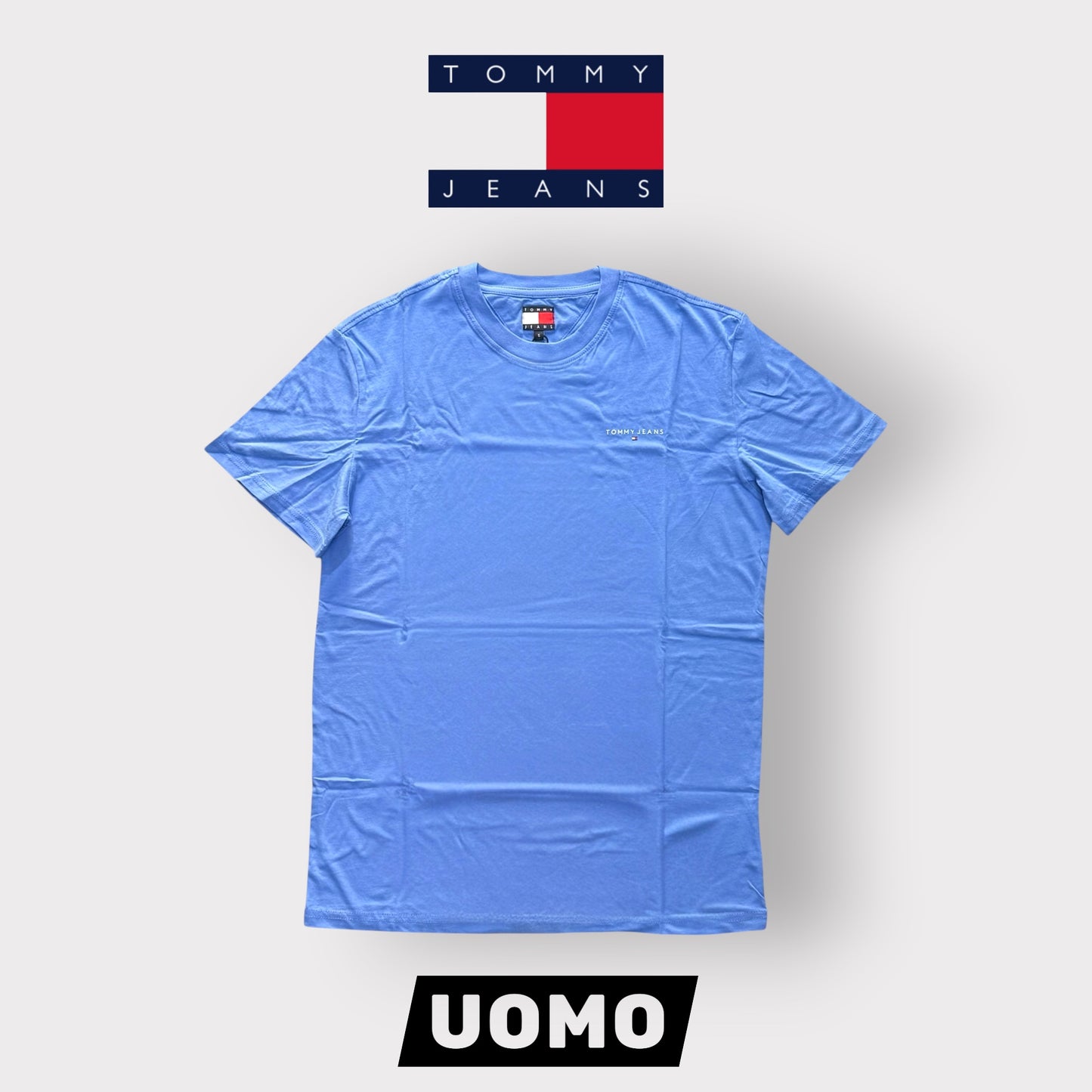TOMMY JEANS - T-Shirt Uomo con logo lato cuore, Col.Celeste