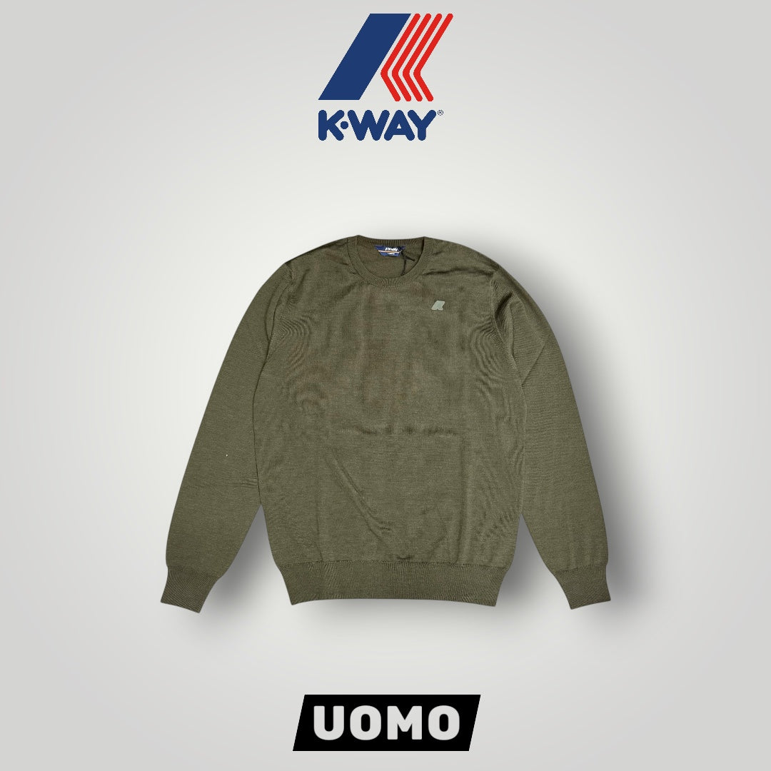 Maglioncino K-WAY Uomo, con logo lato cuore, 100% Lana Vergine, col.Green Blackish