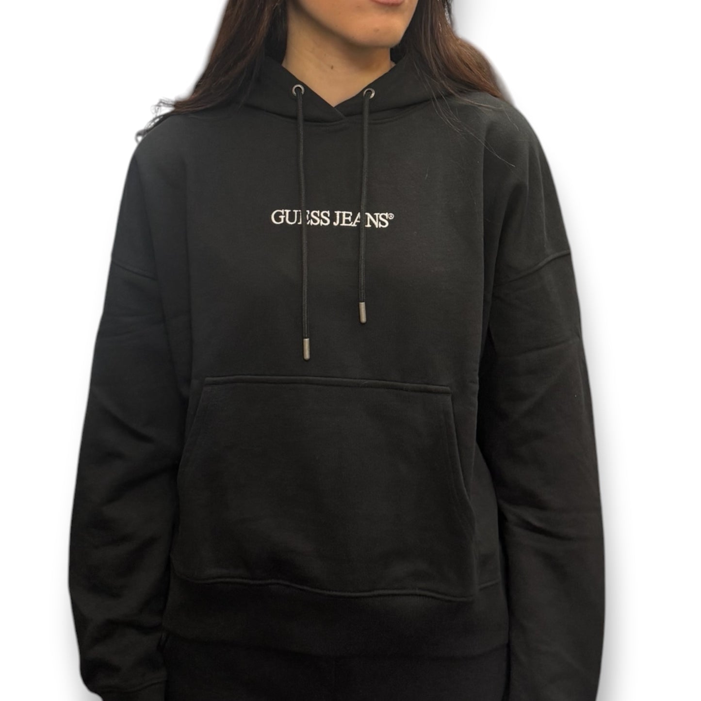 GUESS-Felpa estiva Donna, con cappuccio e ricamo frontale, tex.cotone garzato, Col.Nero