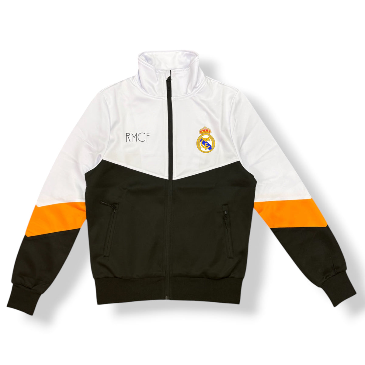 REAL MADRID- Tuta completa Uomo, senza cappuccio, con zip sulla caviglia, tex.Acetato, col.Bianco/Nero