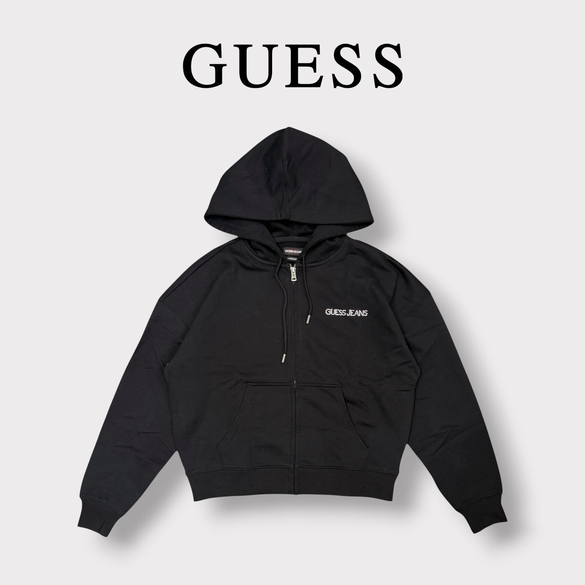 GUESS - Felpa Donna, con cappuccio e scritta schienale brillantinata, tex.Garzato, col.Nero
