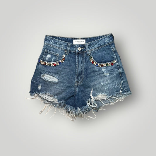Shorts in denim scuro e applicazioni colorate MARC ELLIS
