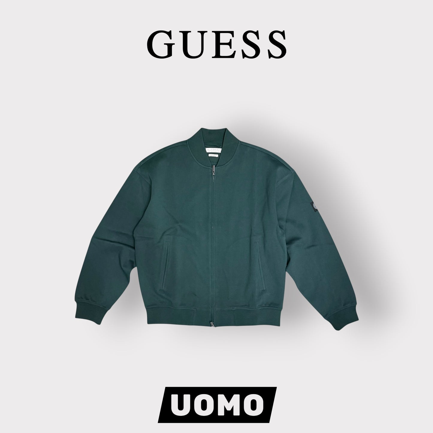 GUESS-Felpa Uomo, con zip e senza cappuccio, tex.cotone garzato (Oversized Fit), Col.Verde