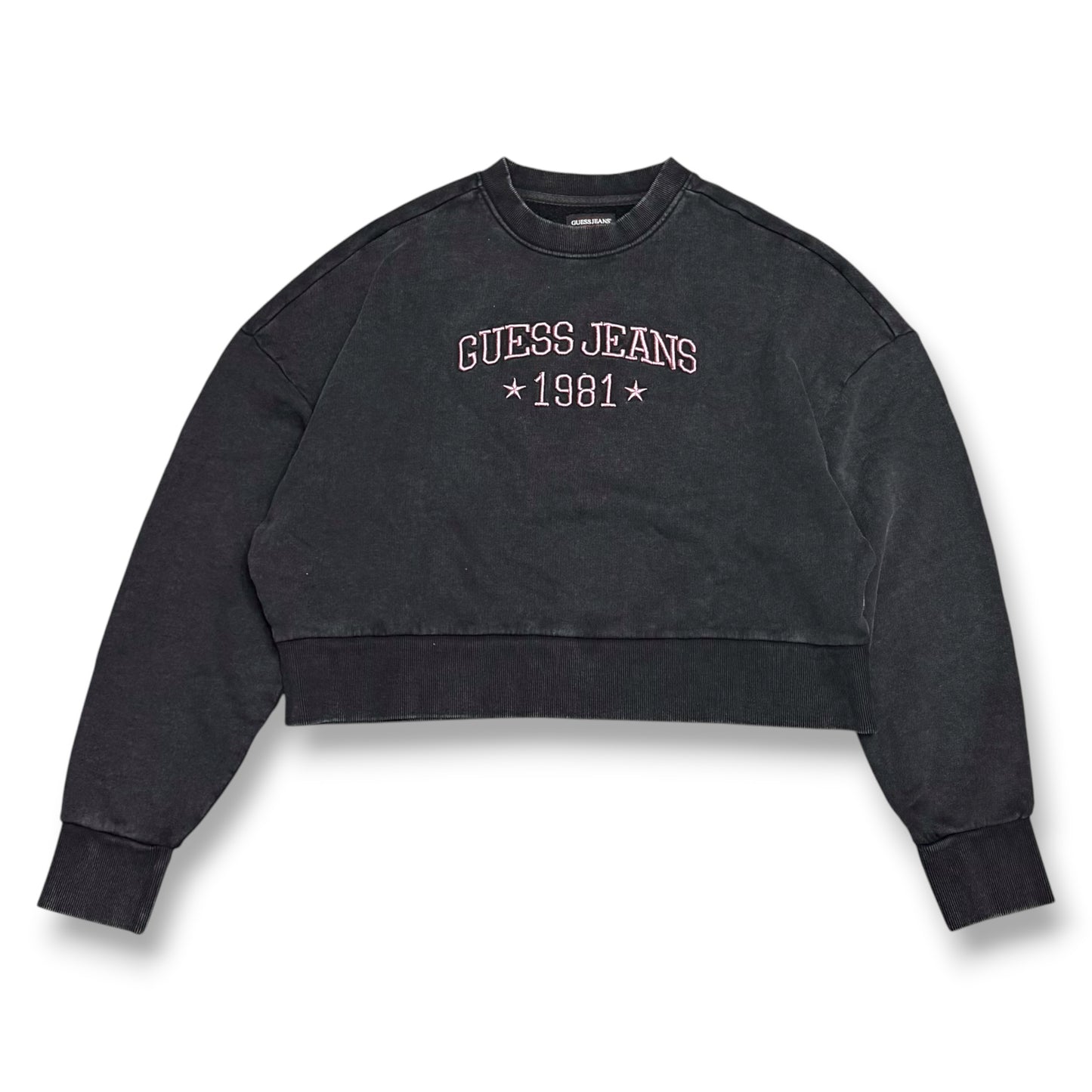 GUESS-Felpa estiva Donna, girocollo e con ricamo frontale rosa, tex.cotone garzato, Col.Grigio scuro
