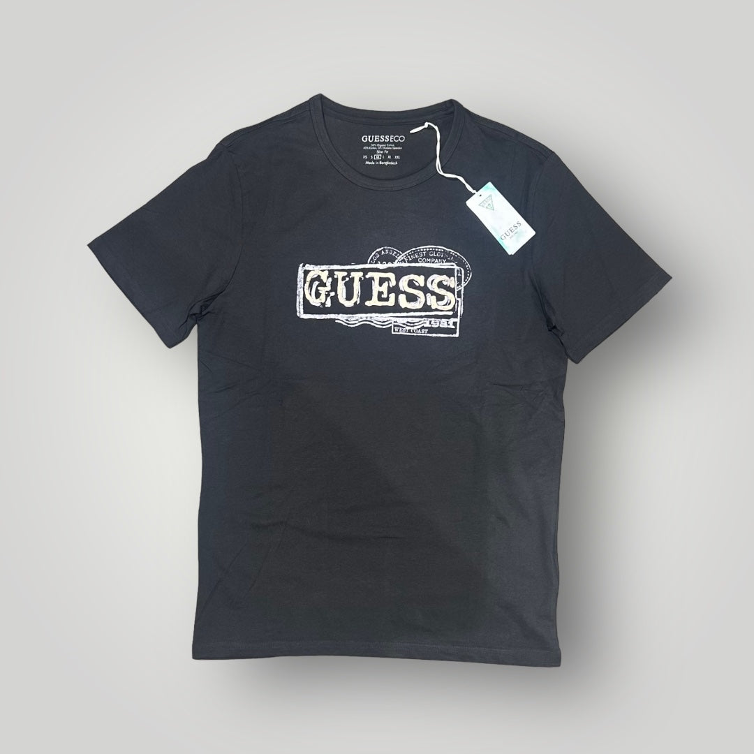 T-shirt GUESS con stampa frontale colorata in rilievo, Slim Fit, col. nero