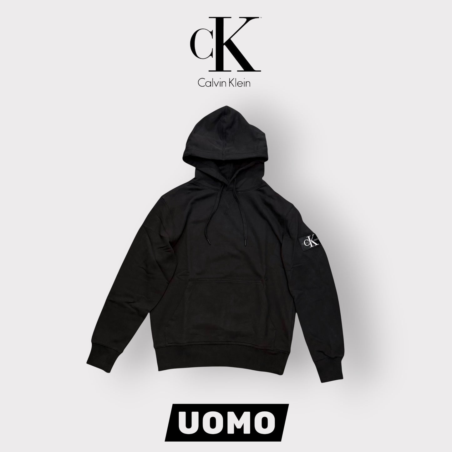 CALVIN KLEIN- Felpa RegularFit estiva Uomo, con cappuccio, con logo sul braccio, tex.cotone garzato, Col.Nero