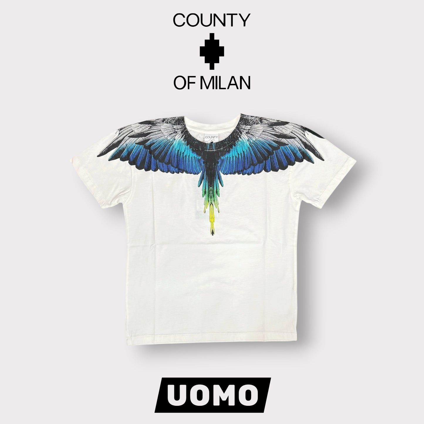 COUNTY OF MILAN- T-Shirt Uomo, (veste comoda), con stampa Blu, Col.Bianco