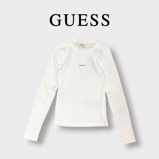 GUESS JEANS- T-shirt Donna, manica lunga, tex.costine, con targhetta frontale piccola, Col.Bianco