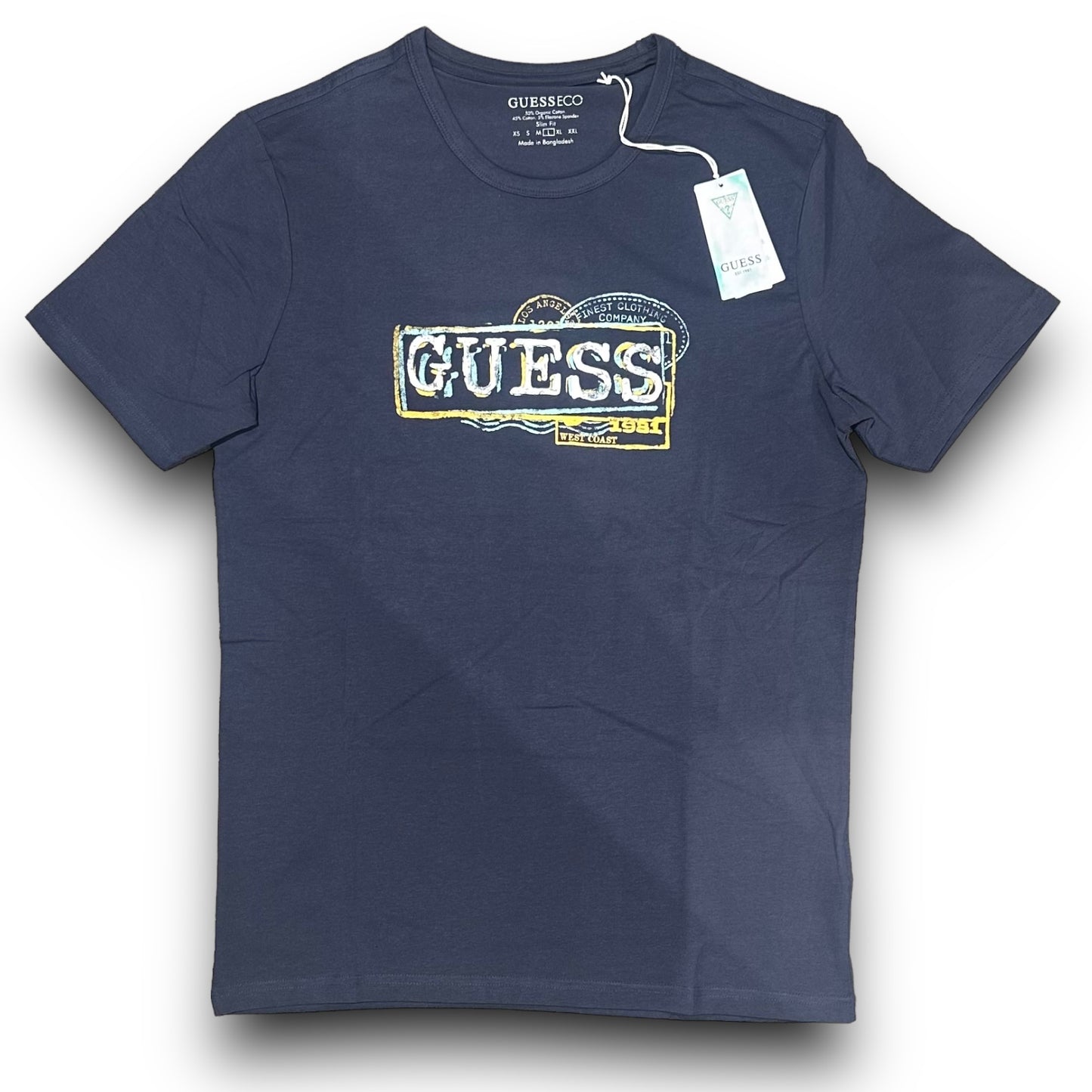 T-shirt GUESS con stampa frontale colorata in rilievo, Slim Fit, col. blu