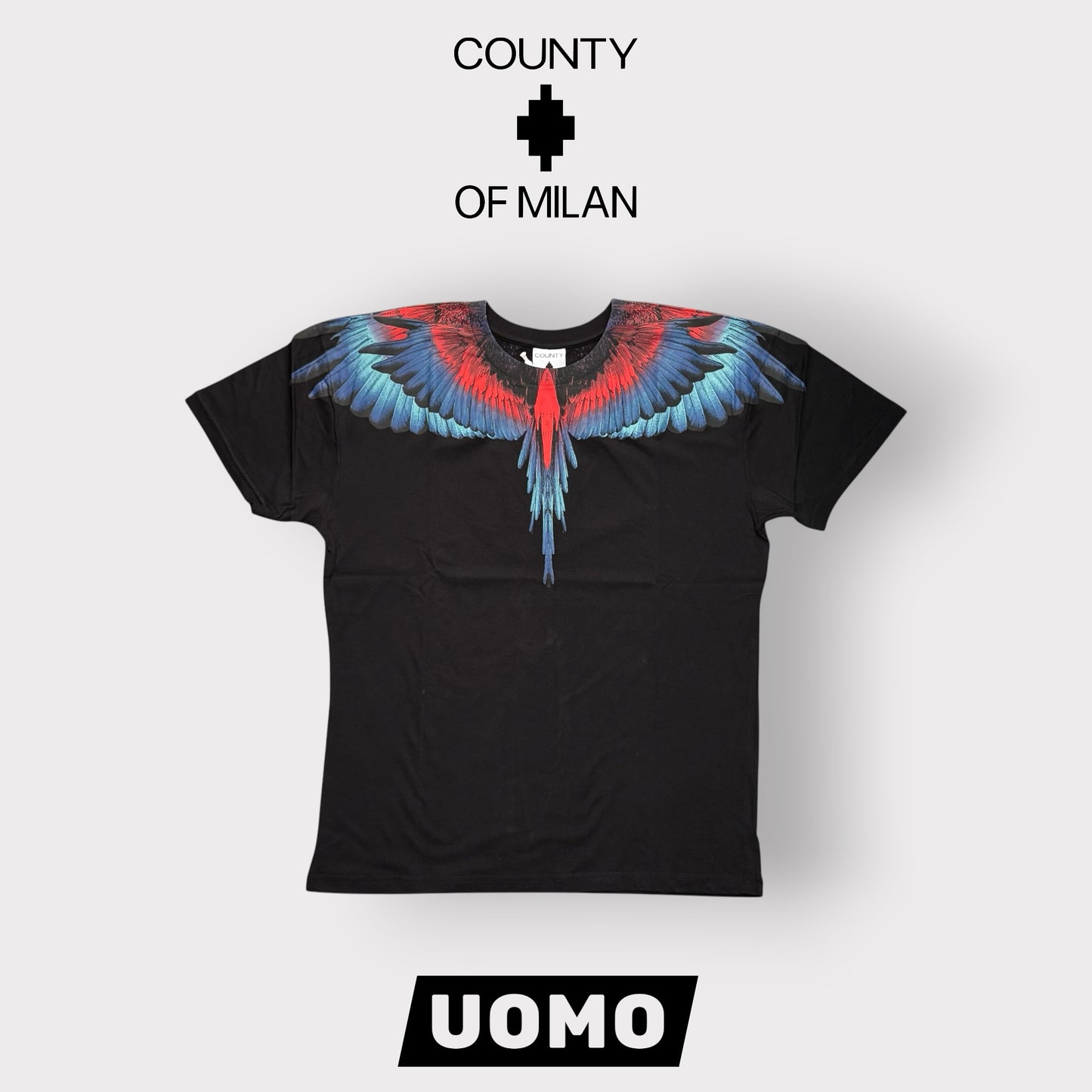 COUNTY OF MILAN- T-Shirt Uomo, (veste comoda), con stampa Rosso/Blu Col.Nero