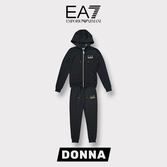 EA7 EMPORIO ARMANI- Tuta completa Donna con cappuccio con zip, con logo brillantinato lato cuore, primaverile, Col.Nero