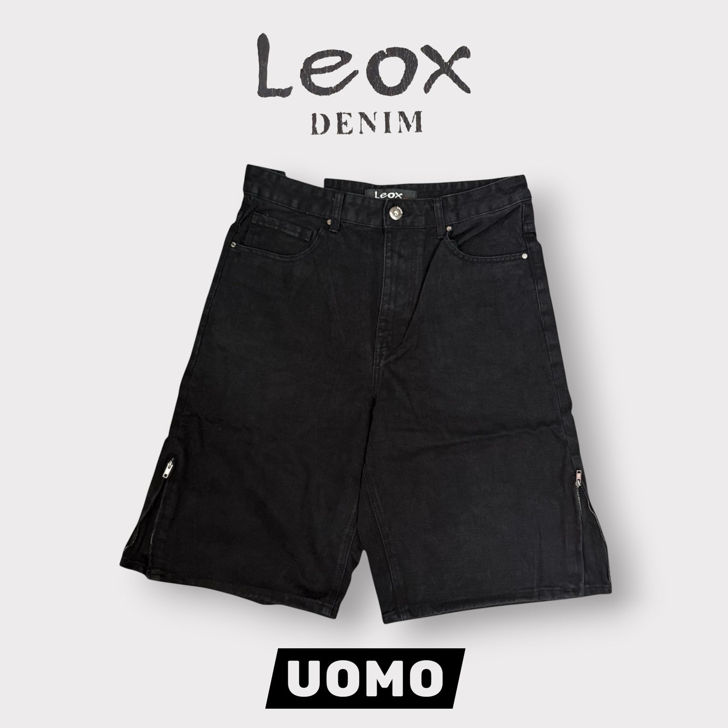 LEOX - Bermuda Uomo, Baggy Fit (lunghezza sotto ginocchio), con mezza zip laterale, Col.Nero