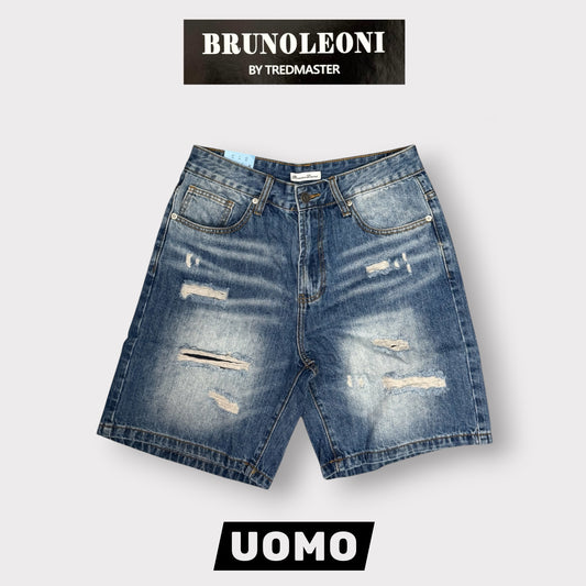BRUNO LEONI - Bermuda Uomo, con strappi (lunghezza sopra al ginocchio), Col.Denim