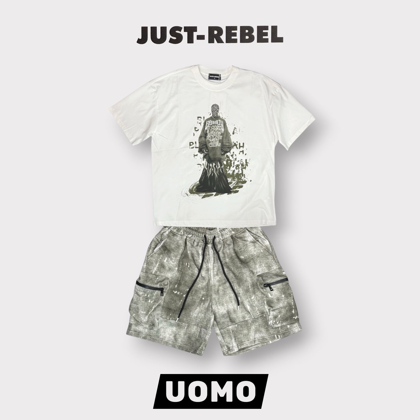 JUST REBEL - Completino estivo Uomo con stampa schienale, pantaloncino verde, Col.Bianco