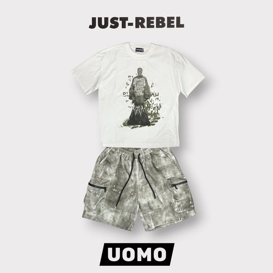 JUST REBEL - Completino estivo Uomo con stampa schienale, pantaloncino verde, Col.Bianco