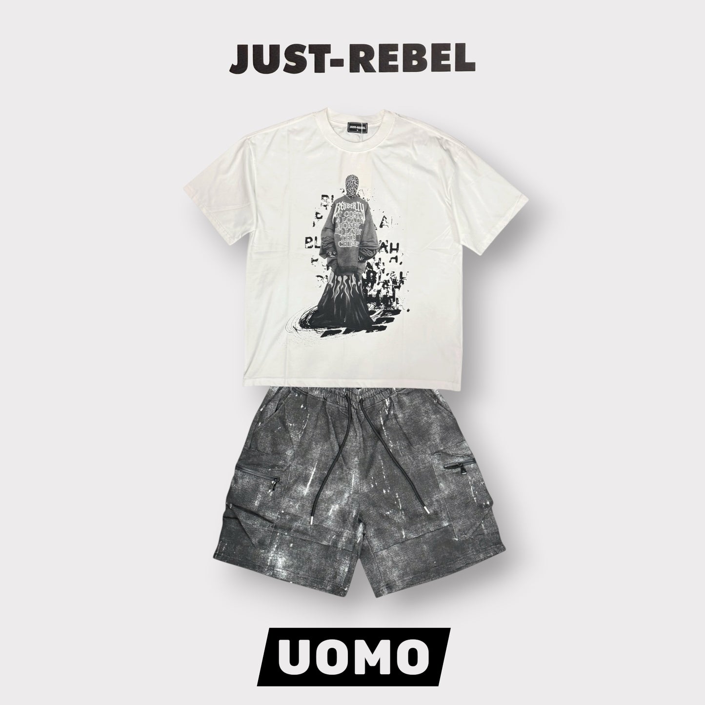 JUST REBEL - Completino estivo Uomo con stampa schienale, pantaloncino grigio scuro, Col.Bianco
