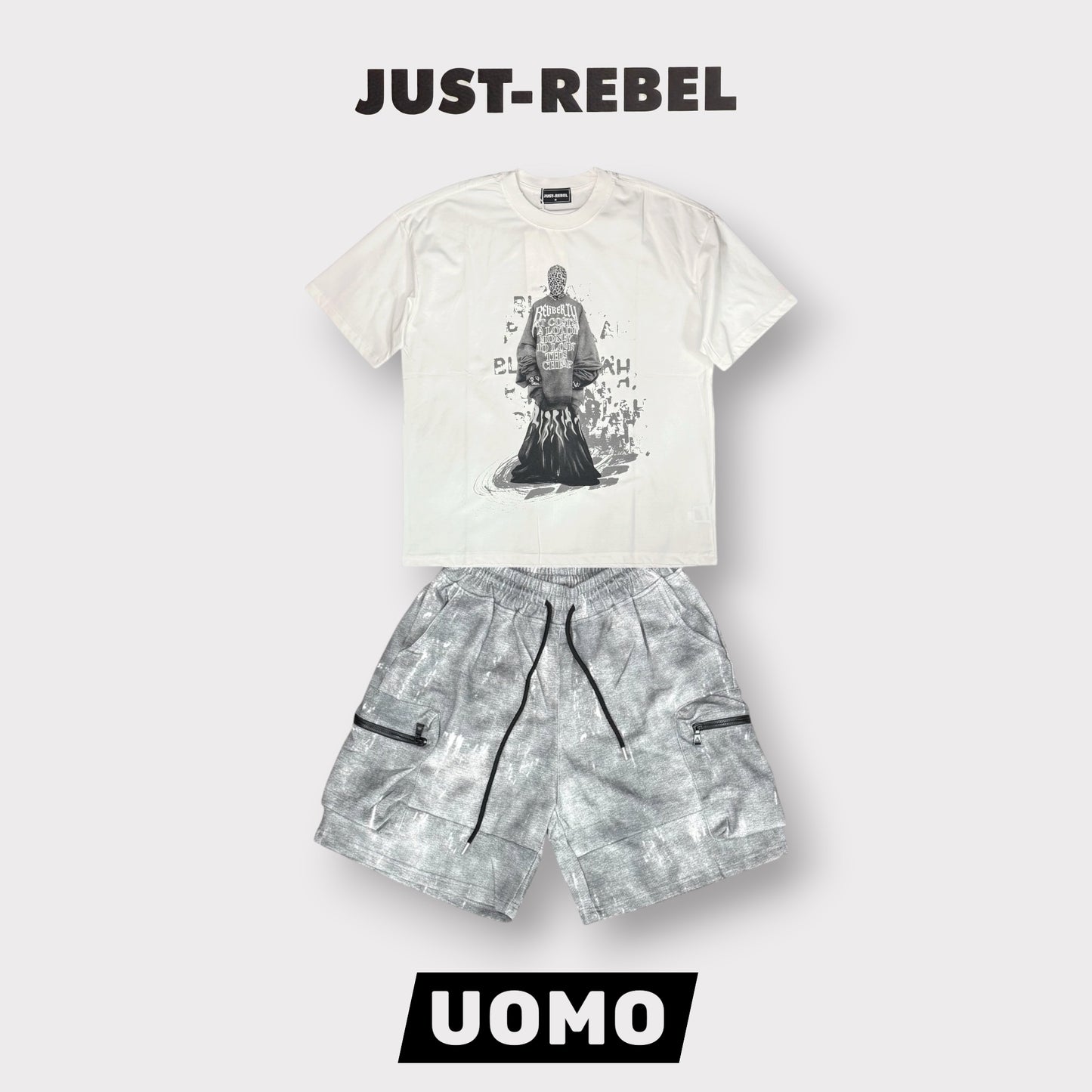 JUST REBEL - Completino estivo Uomo con stampa schienale, pantaloncino grigio chiaro, Col.Bianco