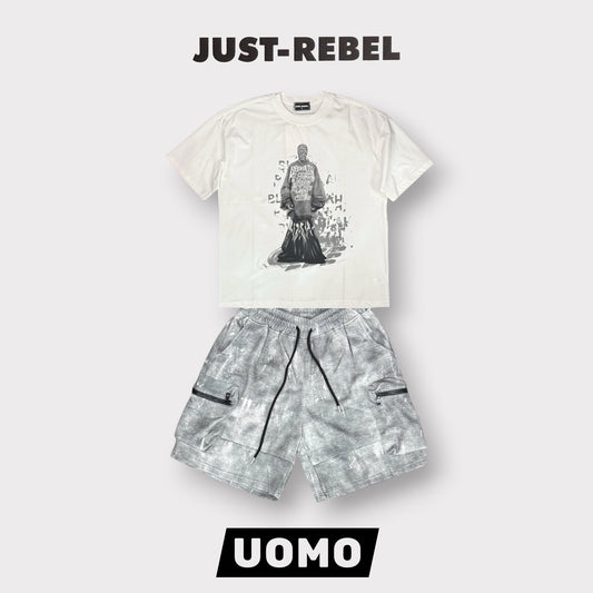 JUST REBEL - Completino estivo Uomo con stampa schienale, pantaloncino grigio chiaro, Col.Bianco