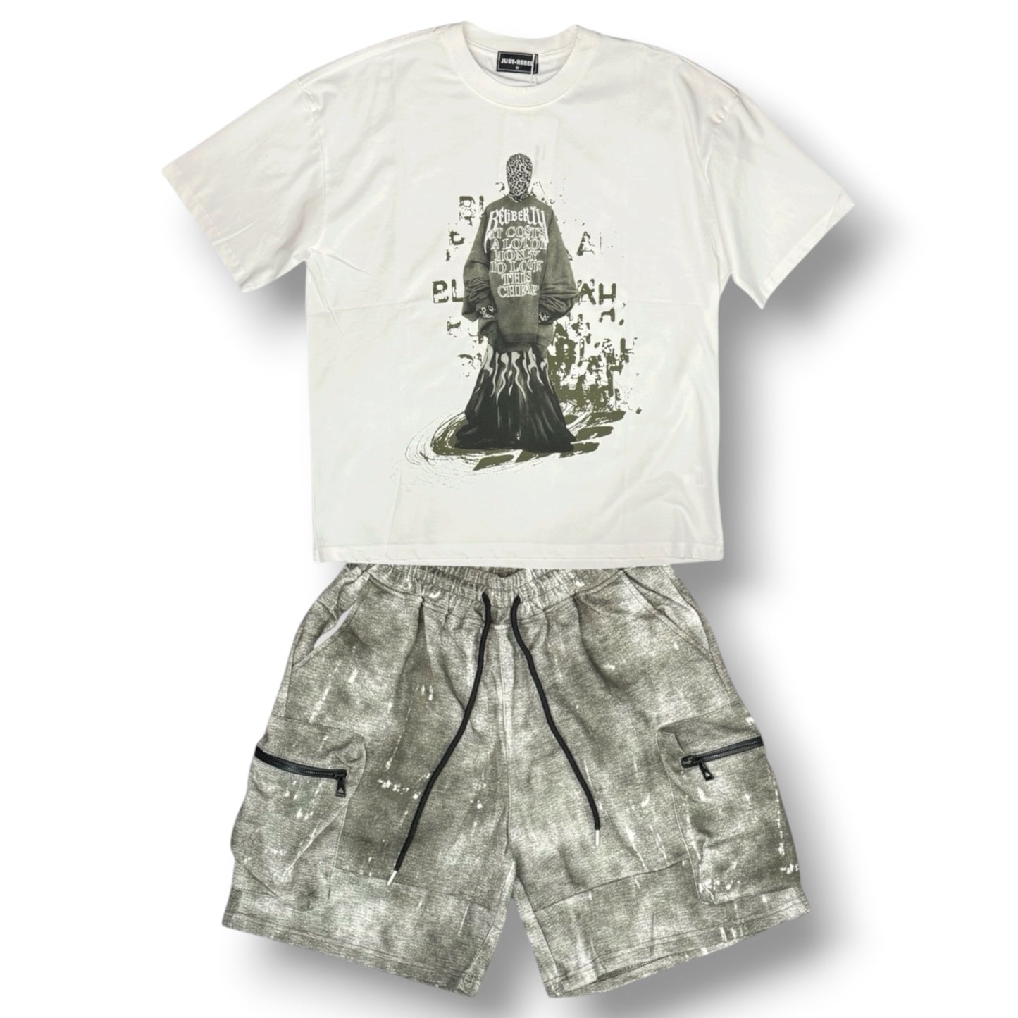 JUST REBEL - Completino estivo Uomo con stampa schienale, pantaloncino verde, Col.Bianco