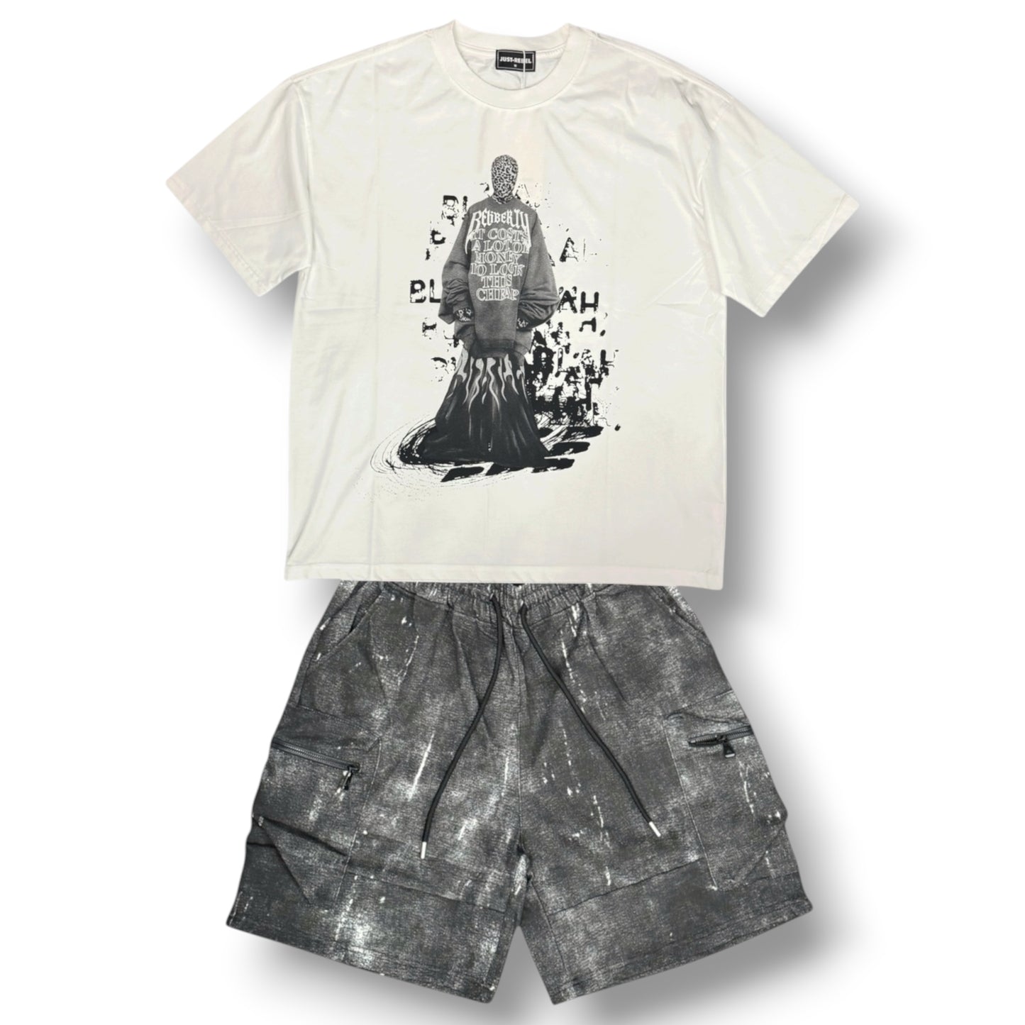 JUST REBEL - Completino estivo Uomo con stampa schienale, pantaloncino grigio scuro, Col.Bianco