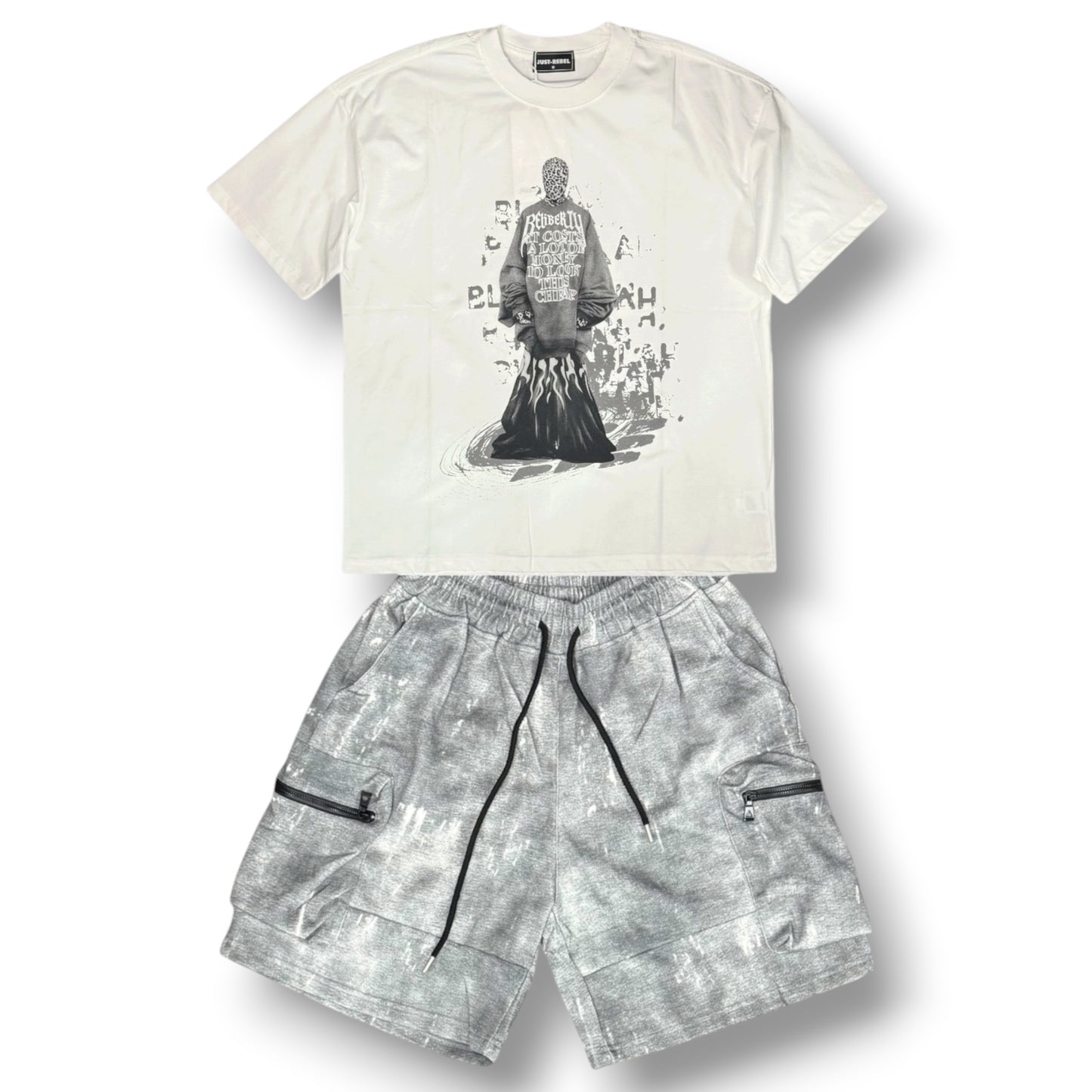 JUST REBEL - Completino estivo Uomo con stampa schienale, pantaloncino grigio chiaro, Col.Bianco